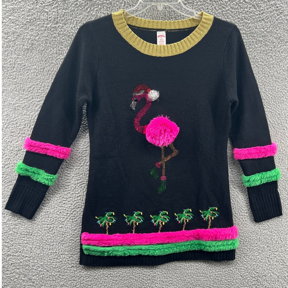 Women Flamingo Christmas Sweater Small Black Tropical Holiday Novelty Fuzzy Knit